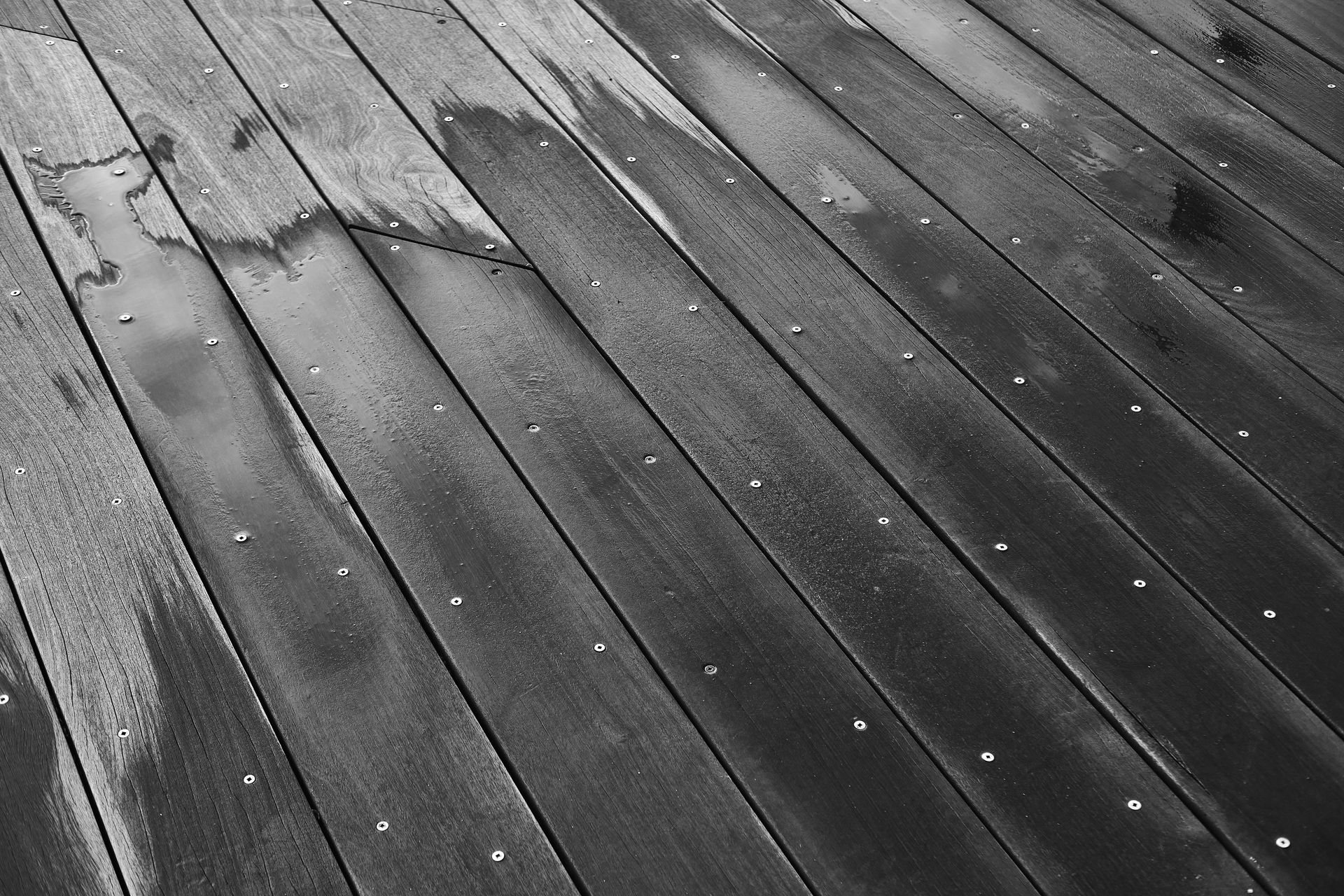 Close-up of a wet wooden floor with visible grain and screws in black and white.